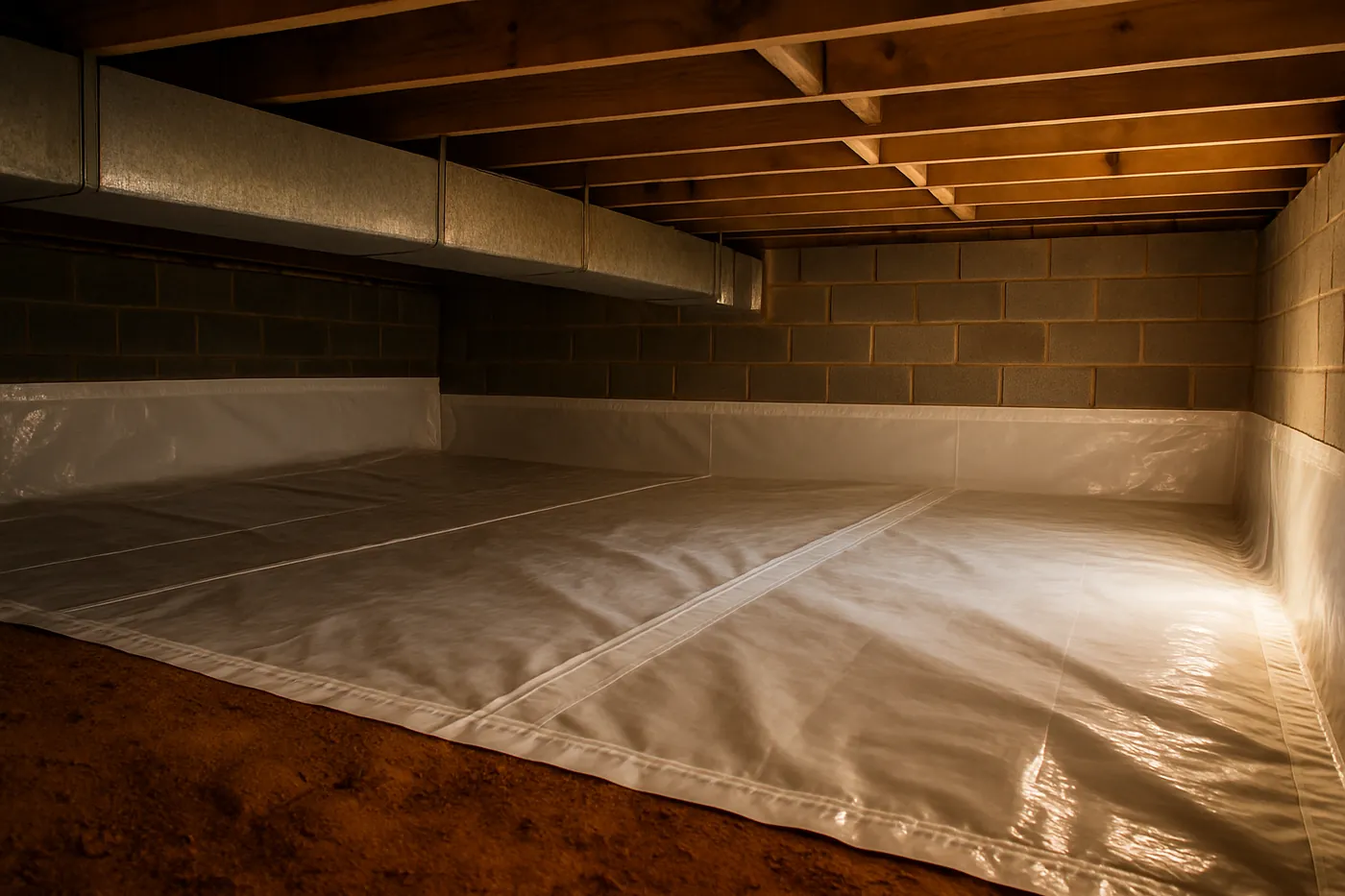 Sealed vapor barrier laid over damp sandy soil in a Wilmington dirt crawl space